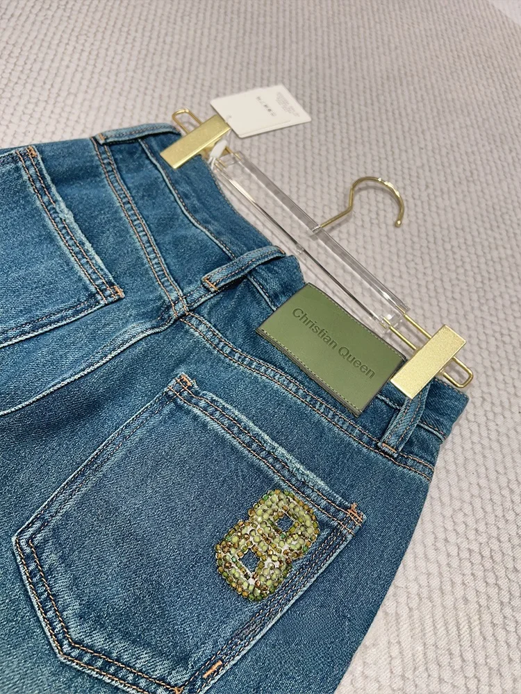 

Синие прямые джинсы с вышивкой пайетками в виде цифры 8, повседневные женские свободные джинсы с завышенной талией из хлопка