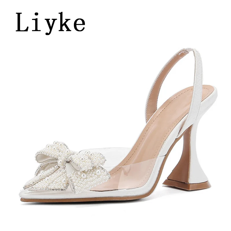 Liyke Summer Fashion Party Dress Slingback Shoes Pearl Bowknot Women Pumps Sexy Pointed Toe White High Heels Transparent Sandals