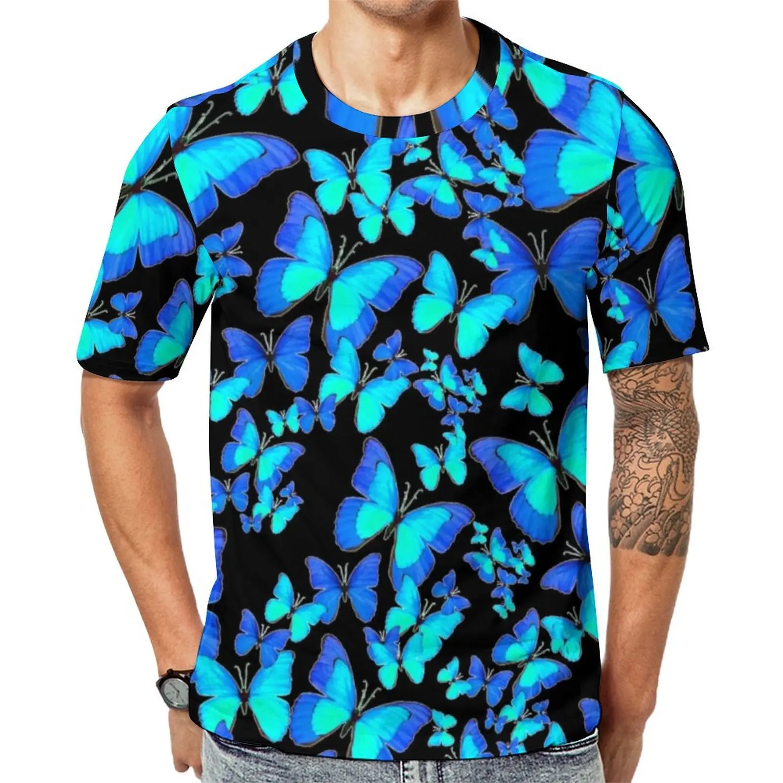 

Blue Butterfly T Shirt For Couple Abstract Animal Art O Neck T-Shirts Summer Vintage Tops Street Style Plus Size Tee Shirt Gift