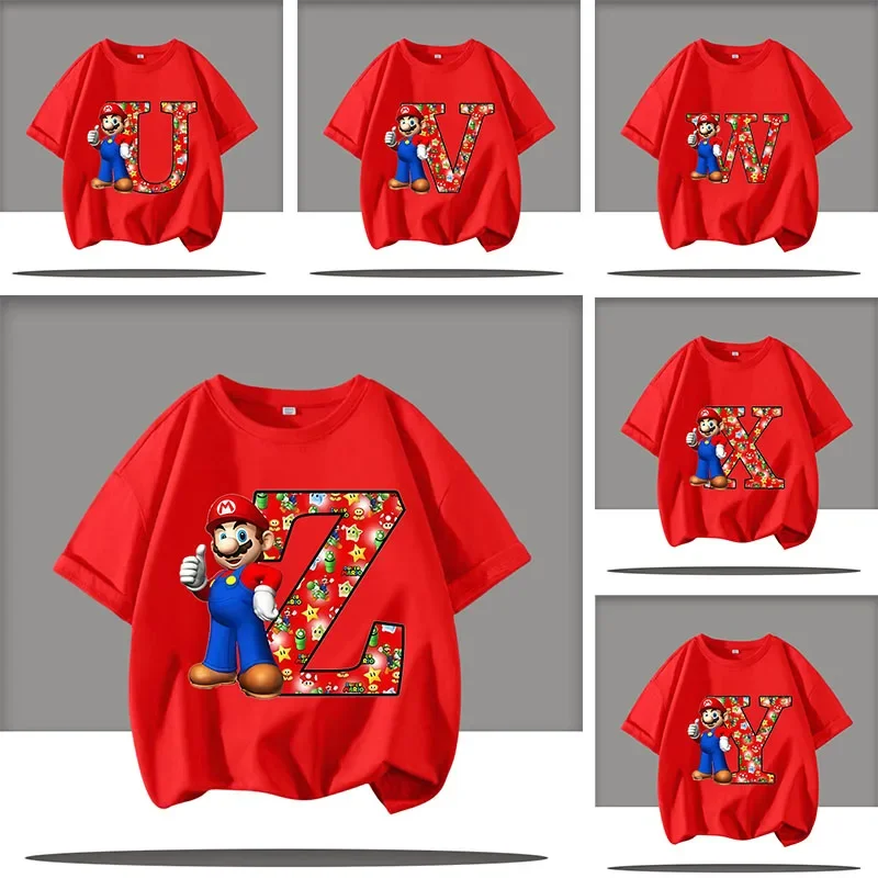 

Mario children's round-neck short-sleeved girl's casual top Letter A-Z cartoon print 2026 summer T-shirt for boys, sports shirt