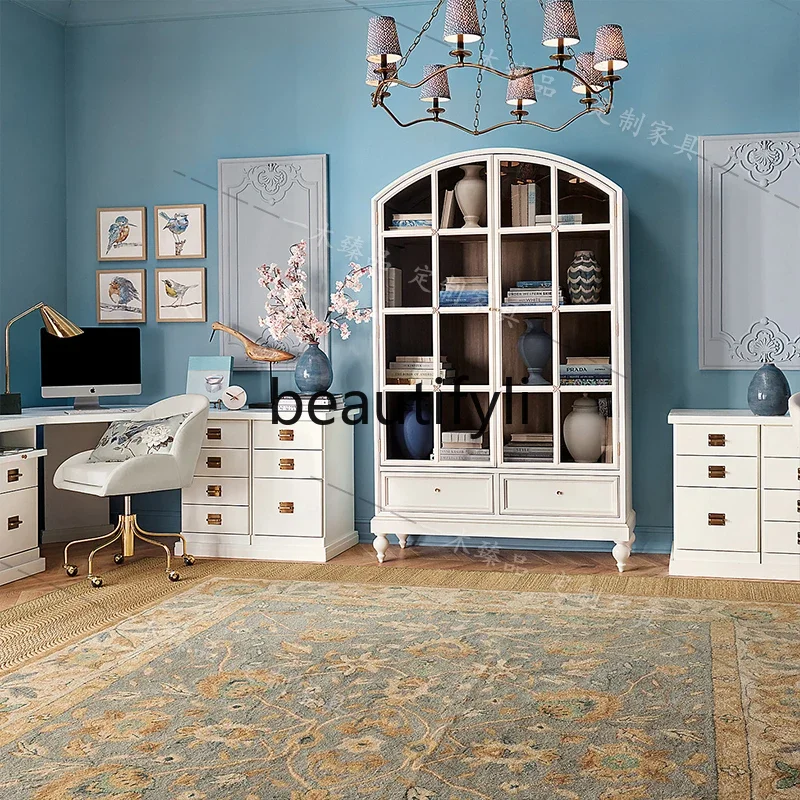 

07 French Retro Solid Wood Bookshelf Living Room Arched Display Cabinet Light Luxury Glass Door Storage Cabinet