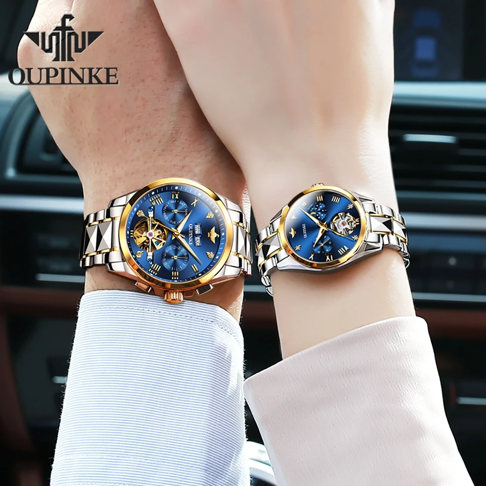 OUPINKE Classic Tourbillon Couple Watch Luxury Automatic Mechanical Wrist Watch Gifts For Women Wterproof Date Moon Display 3202