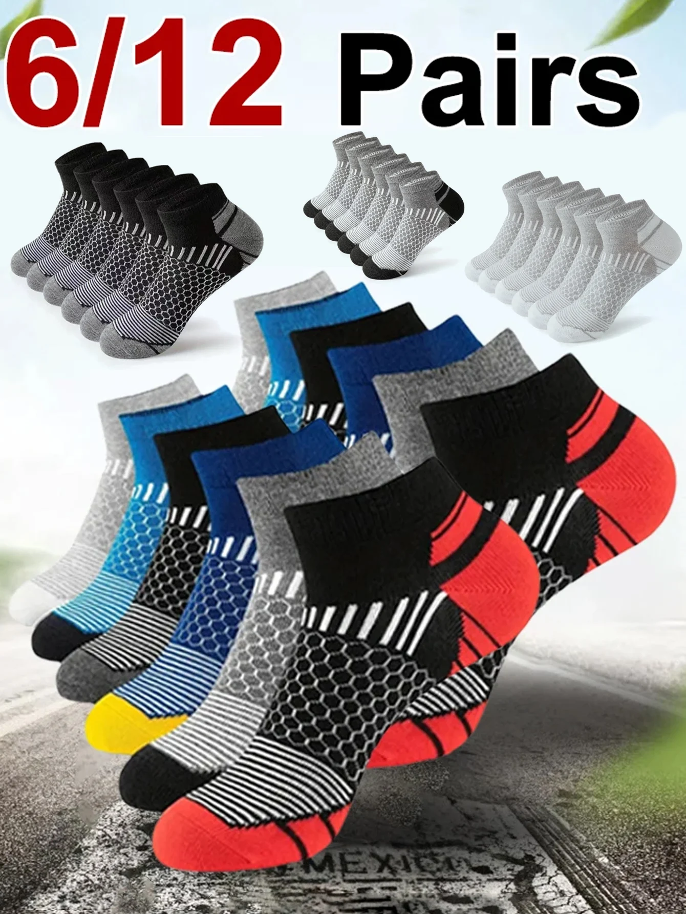 

Men's Short Sports Socks 6/12 Pairs Moisture-Wicking Breathable All-Season Athletic Socks for Running Gym Fitness