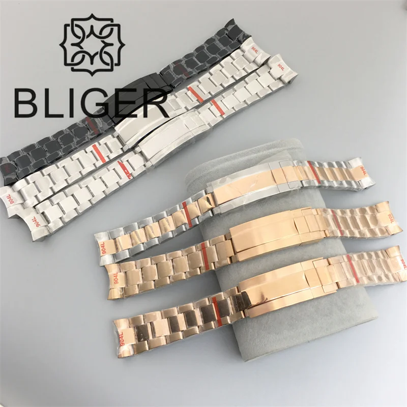 BLIGER 20mm Oysters Watch Braclete 904L Solid Stainless Steel Folding Buckle Glide Lock Mens Strap Suitable for 40mm41mm Case