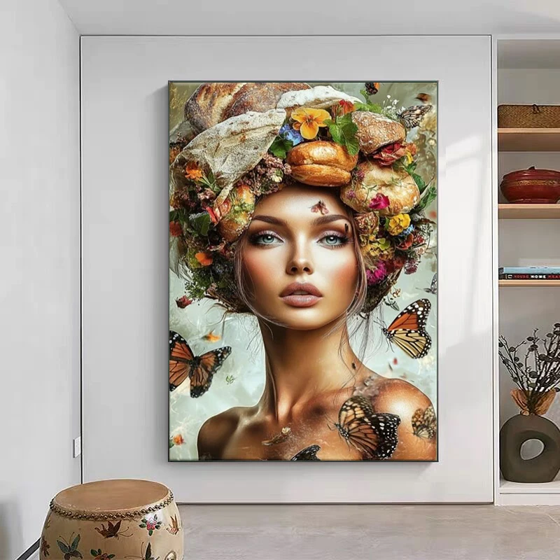 Beautiful Woman with Butterflies Bread Poster Prints Portrait Art Canvas Painting Wall Art Picture for Living Room Home Decor
