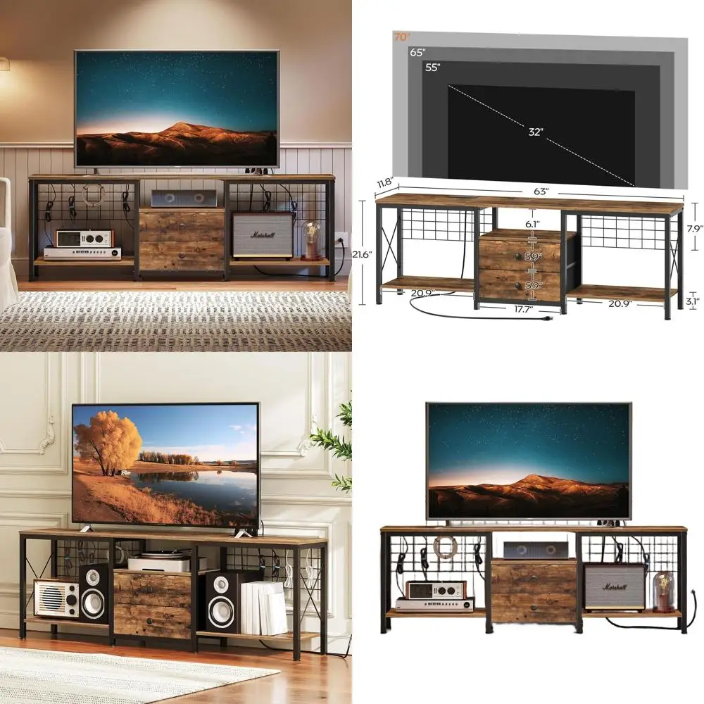 

70 Подставка для телевизора с двумя тканевыми ящиками, развлекательным центром, открытыми полками, кабелем для гостиной