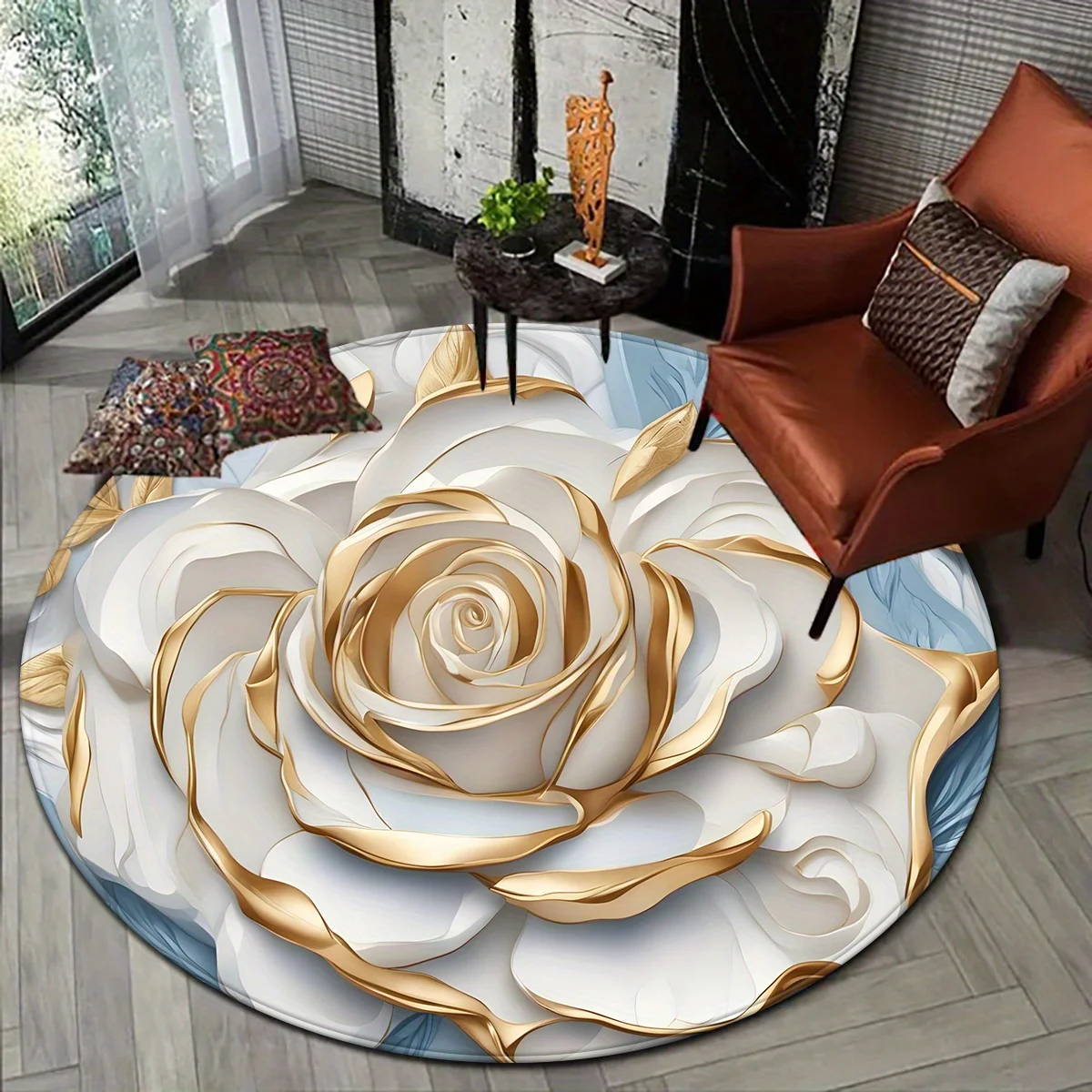 Round Floor Mat with White Rose & Gold Motif – Elegant Decor for Bedroom & Living Room