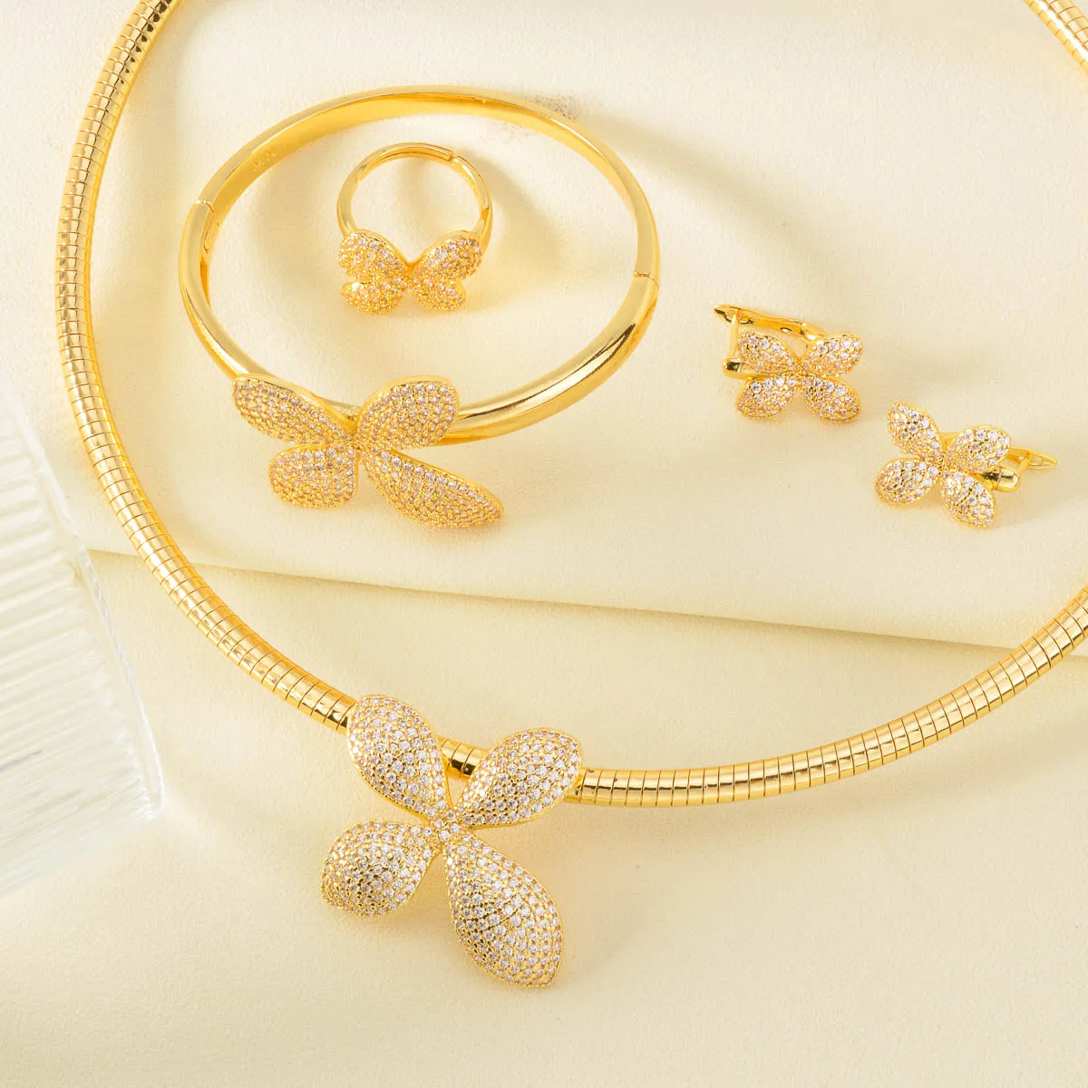 

Бабочка, 4 шт., комплект ювелирных аксессуаров, оксид циркония, блестящее 18-каратное позолоченное свадебное ожерелье, браслет, кольцо, серьги, комплект