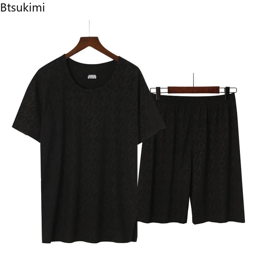Men's Summer Pajamas Sets Thin Style Ice Silk Cozy Sleepwear Sets Round Neck Short Sleeve Tees and Shorts Sets Home Clothing 5XL
