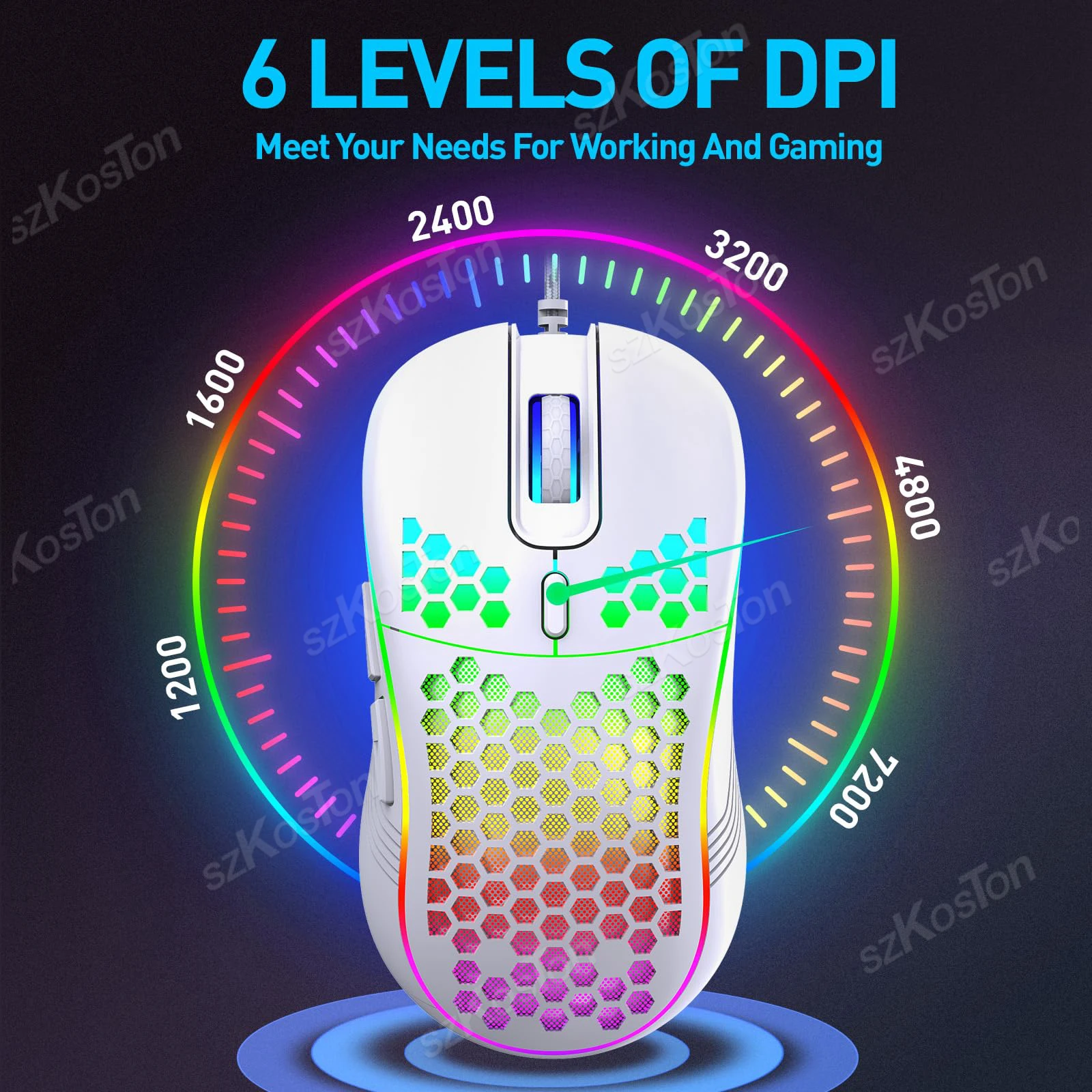 ماوس ألعاب سلكي RGB بتصميم مريح 6 مستويات قابلة للتعديل 7200 ديسيبل متوحد الخواص مع إضاءة خلفية لألعاب الكمبيوتر المكتبي