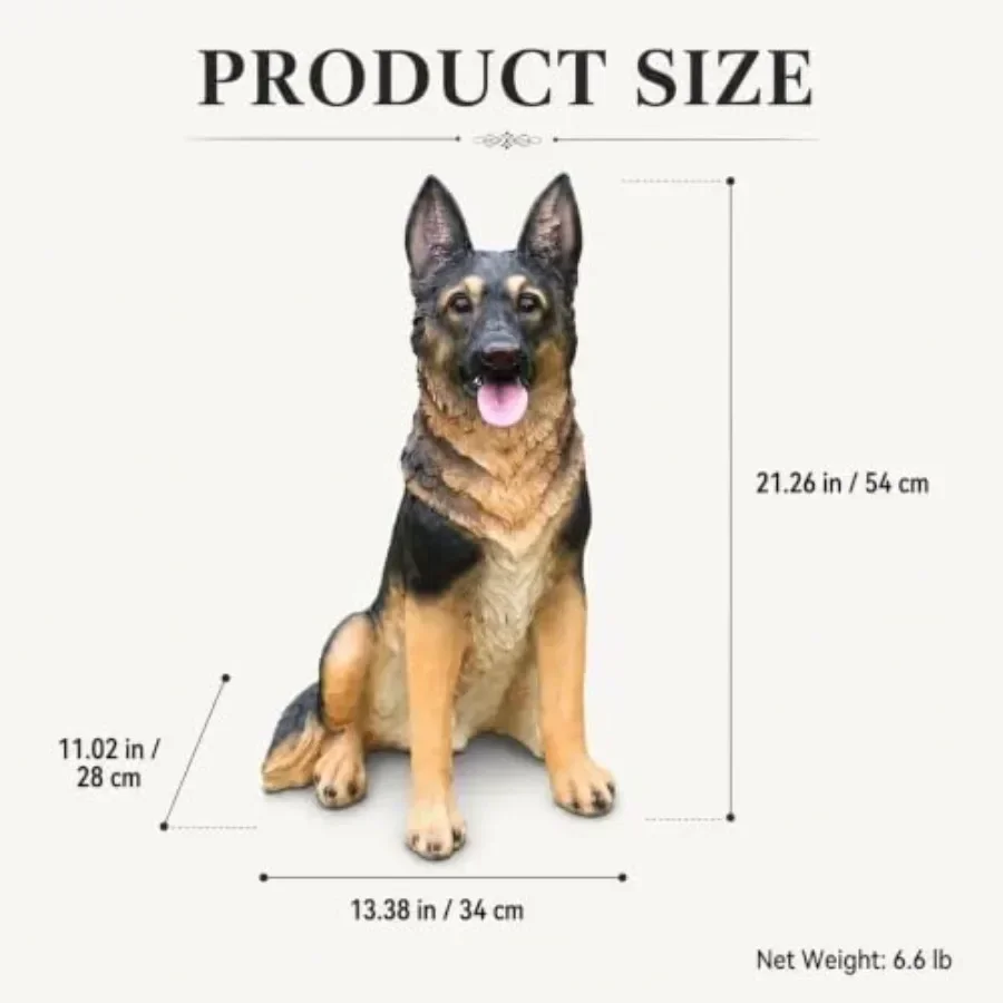 Garden decoration: realistic German Shepherd dog statue, polyresin material, gray and black color, weather-resistant and solar-