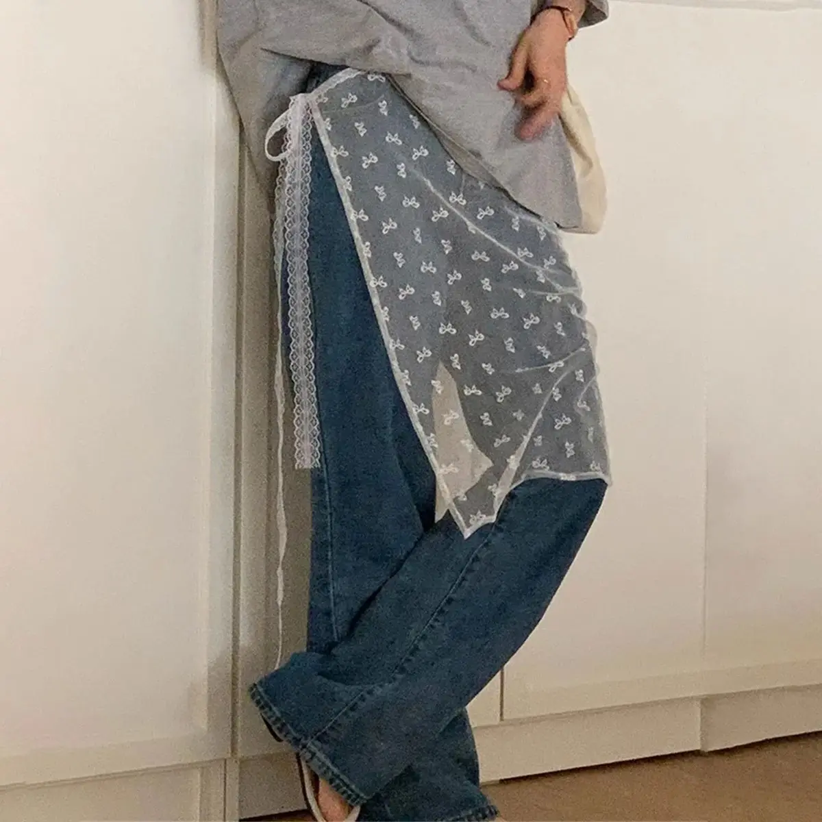 

Y2K Girls Korean Sle Unique Lace Layered Gau Five-Quarter Length Jeans for Men Autumn Season Faion Trend