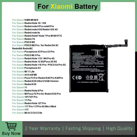 Battery For Xiaomi Redmi Note POCO M2 F3 M3 X3 X4 X5 A3 K30 K40 7 7A 8 8T 9 9T 9S 10 10T 10S 10X 11 11T 12 12T Lite Pro