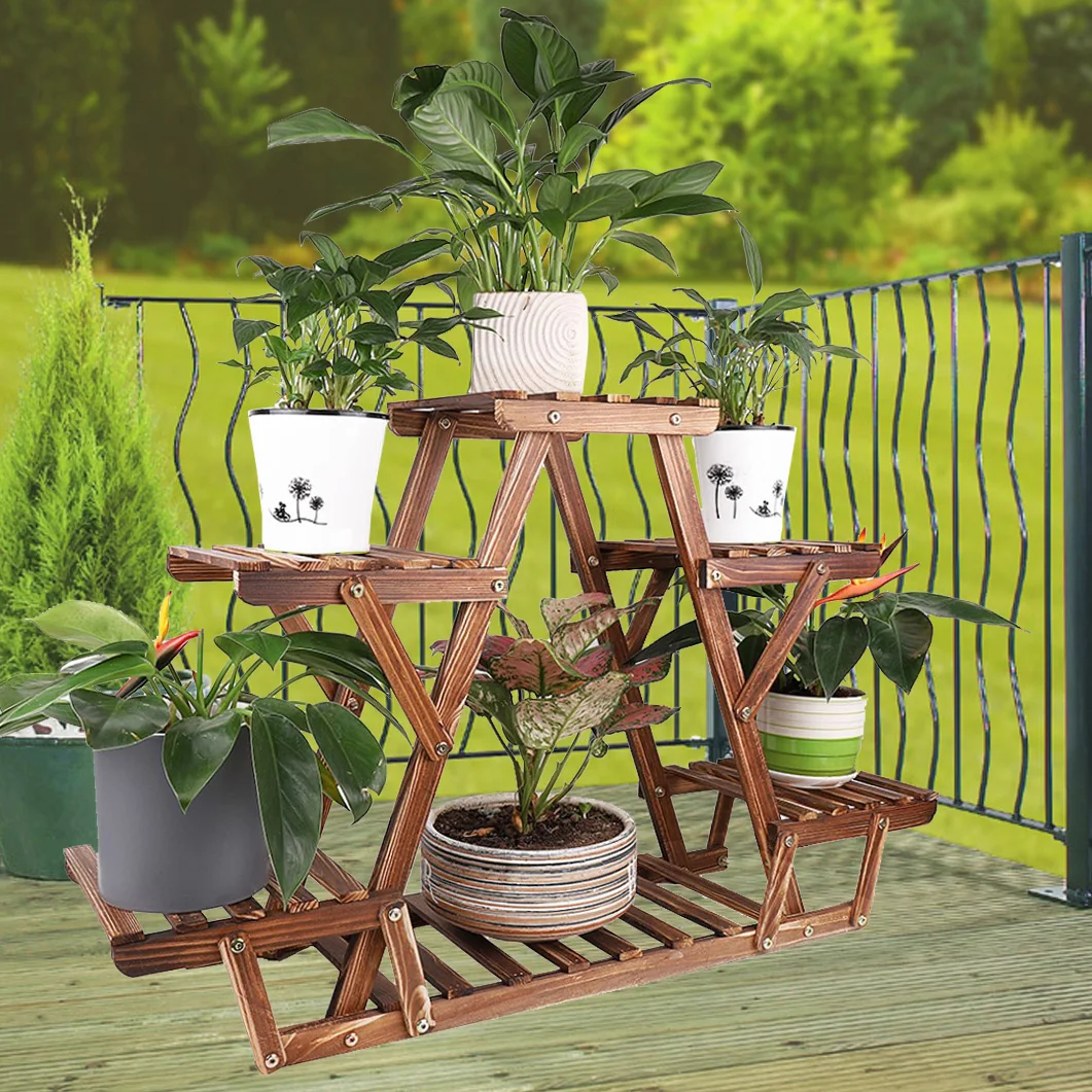 

6 Tiered Wood Plant Stand Indoor Outdoor Carbonized Triangle Corner Plant Rack