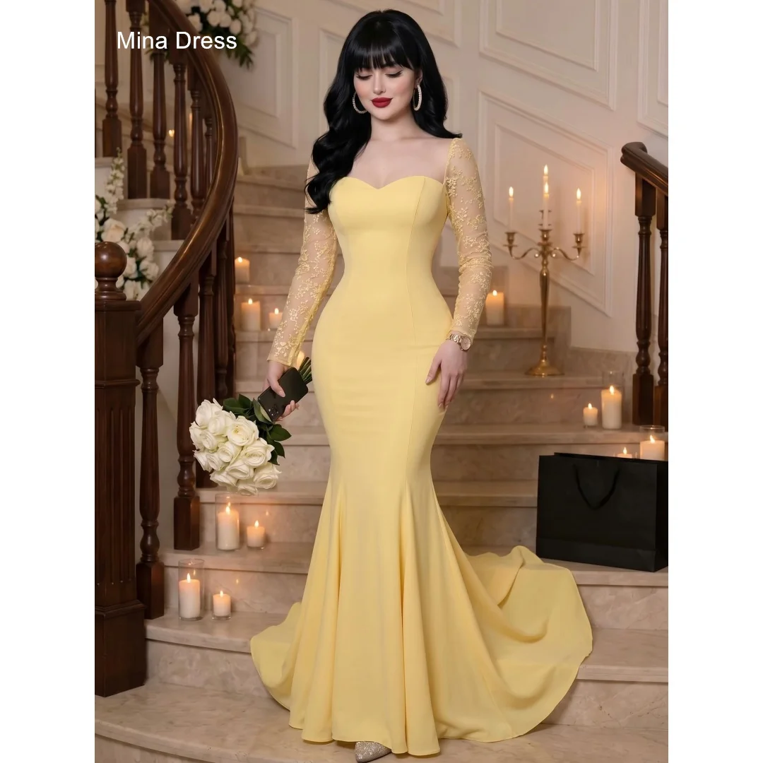 

Mina Customized Yellow Lace Heart Collar Long Sleeves Women's Evening Dress Women's Wedding Party Attire Rochi Luxury Dresses