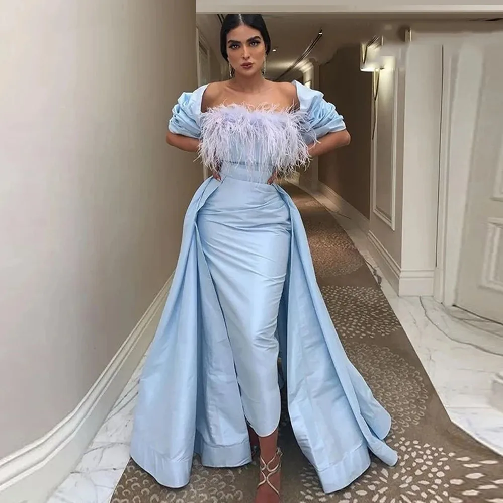 

Luxury Sky Blue Dubai Arabian Short Sleeve Detachable Evening Dress Luxury Long Tail Feather Satin Prom Party Elegant Gown Women