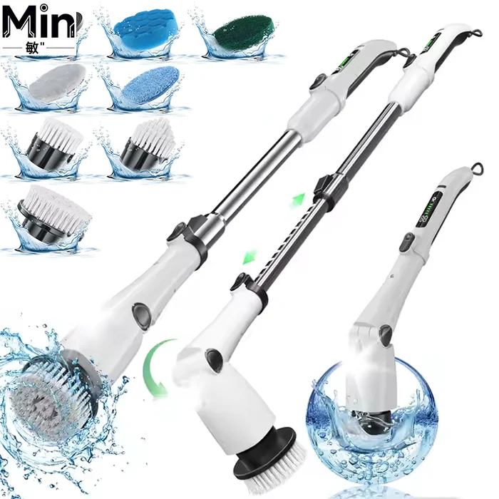 

Adjustable Long Handle Spin Scrubber Cordless Cleaning Brush with Replaceable Brush Heads