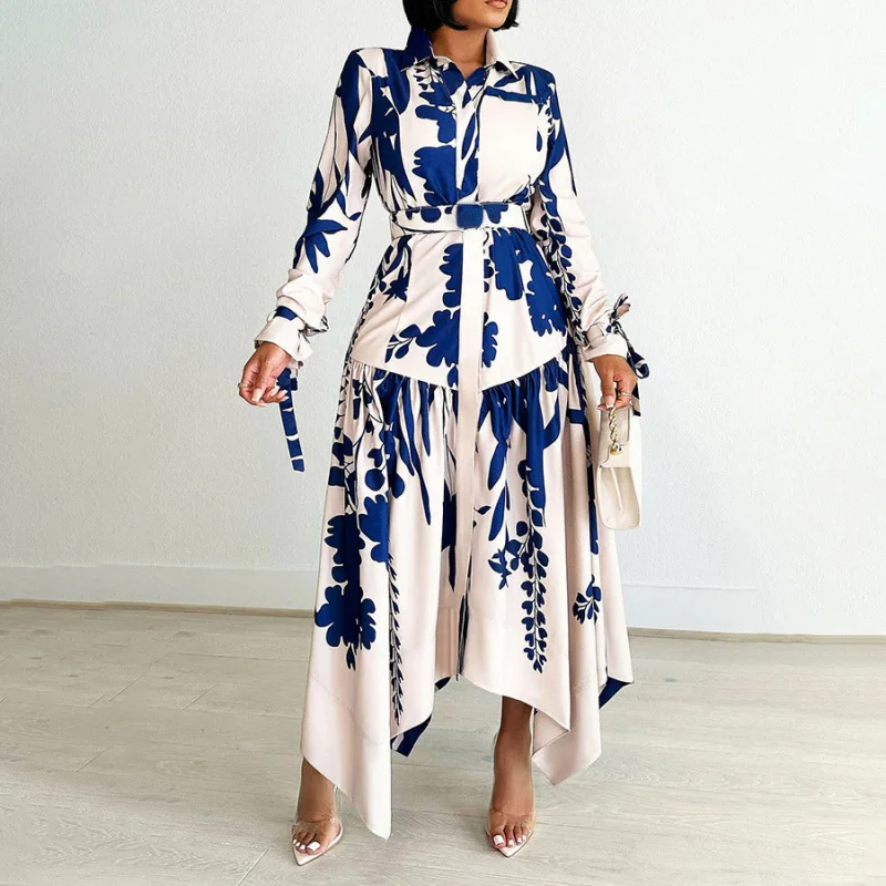 

Spring Fashion Print Irregular A-line Dress Women Elegant OL Lapel Button Long Sleeve Belt A-line Dress Female New Vestdios