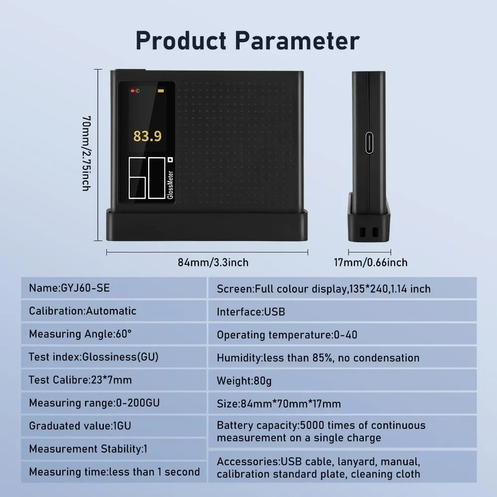 Gloss Meter 60° Glossmeter 1-200Gu, with LCD Digital Backlit and Auto Calibration for Glass Stone Tile Car USB Charging
