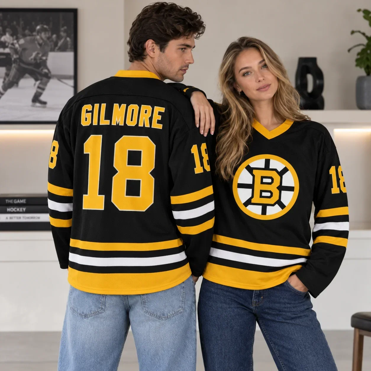 Happy Gilmore 2 Hockey Jersey 18 V-Neck Long Sleeve Black Gold Stripe Boston Bruins Style Unisex for Men Women Movie Fans Gifts