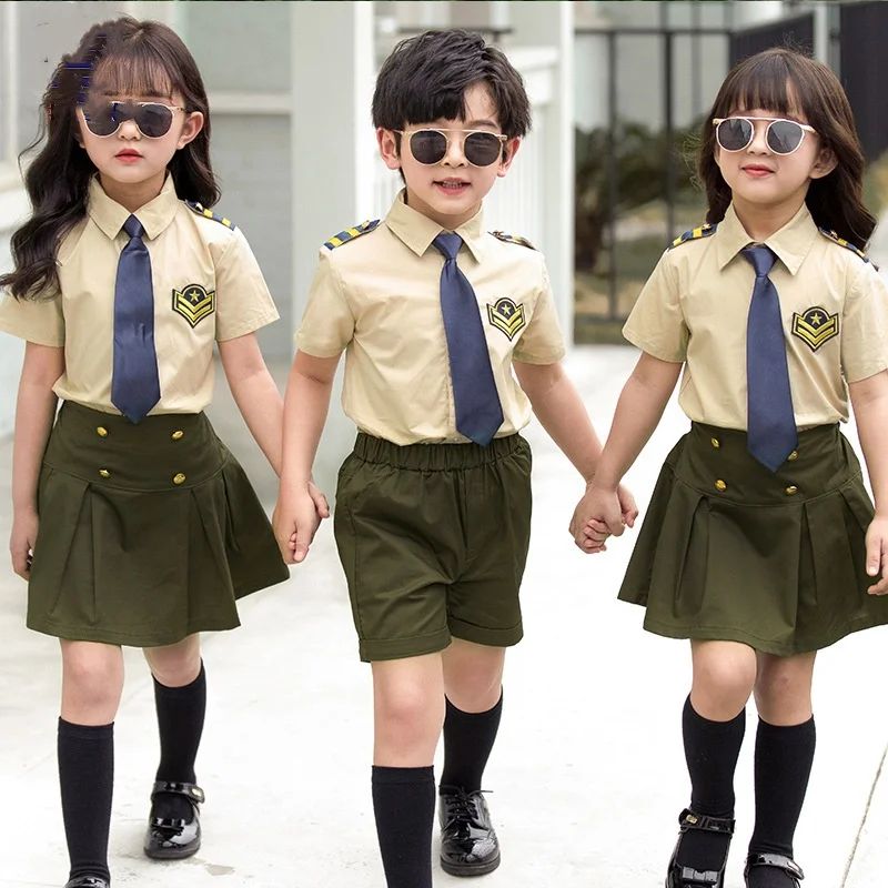 Kids Summer Captain Uniform Military Costume Set Boys Shirt Tie Shorts & Girls Blouse Skirts School Outfit Child Cosplay Clothes