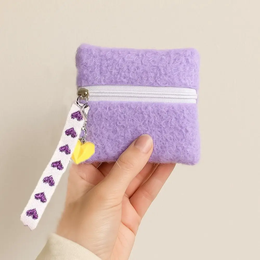 

Fashion Mini Plush Card Bags with Heart Pendant Square Travel Coin Purse Korean Ins Makeup Handbags Organizer