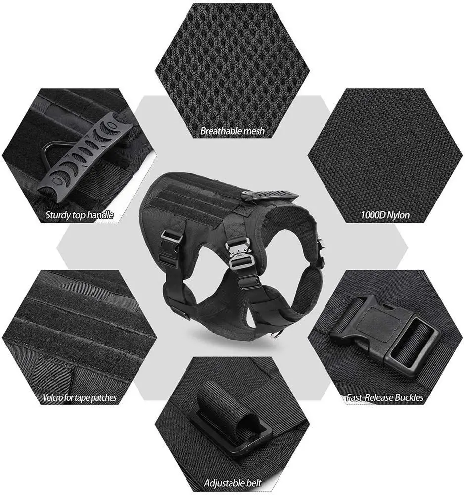 Tactical Dog Harness, Adjustable No-Pull Handle Service Vest Heavy Duty Pet Large Breed, Dog Vest for Training Hunting Walking