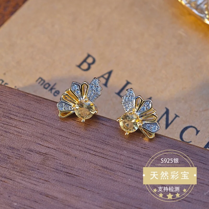 

Real 925 Sterling Silver Stud Earrings for Women Christmas Gif Citrine Natural Gemstone for Girl Fine Jewelry Birthday Gift