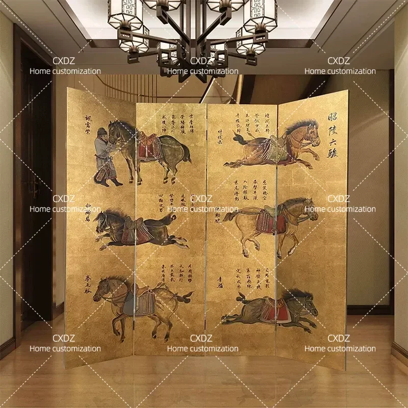 Chinese Retro Hand Painted Zhaoling Liujun Solid Wood Folding Screen Mobile Partition for Office Tea Room Living Room