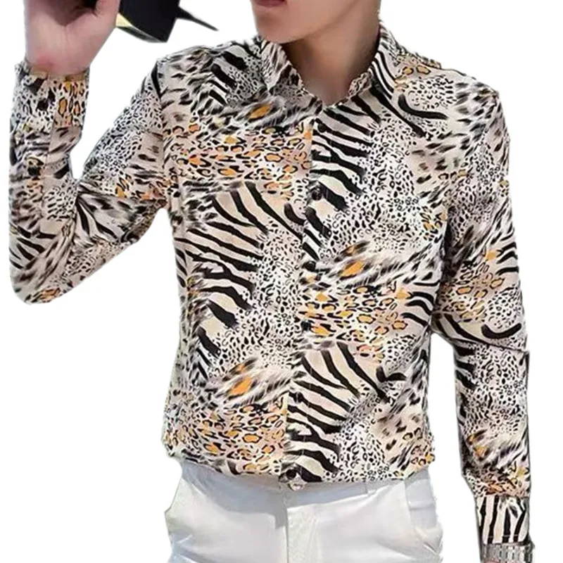 

Y2K Весенняя новая мужская дизайнерская рубашка с леопардовым принтом и длинным рукавом, роскошная мужская классическая рубашка в полоску, повседневные социальные рубашки, сорочки Hommes