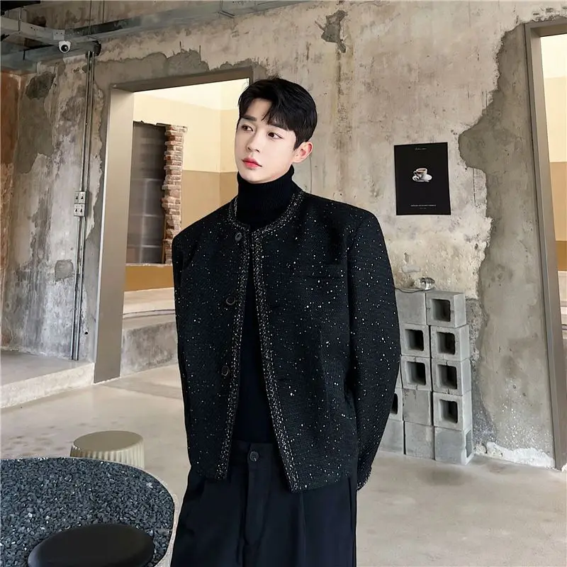 Men's Autumn Winter Luxury Shimmer Thickened Wool Jacket Collarless Stylish Blazer Coat Fashion Outerwear
