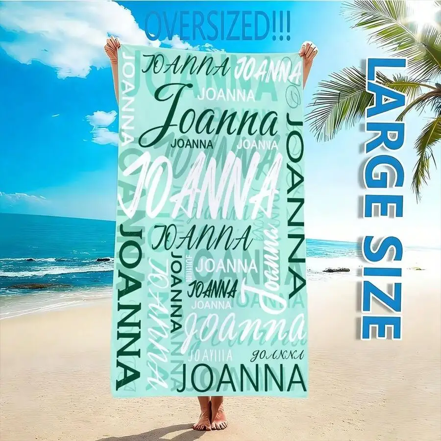 Personalized Joanna Typography Beach Towel, Modern Artistic Collage Design With Teal Mint Green And White Fonts, Ultra-Soft Quick-Drying Absorbent Sand-Proof Microfiber For Swimming Pool Camping Trave view 2