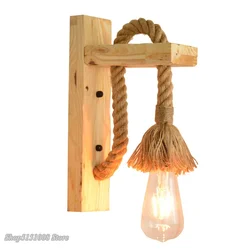 Lámpara de pared de cuerda de cáñamo Vintage con enchufe, aplique de madera E27 para interiores, Loft, pasillo al aire libre, luces de pared, candelabro Industrial, lámpara de mesita de noche