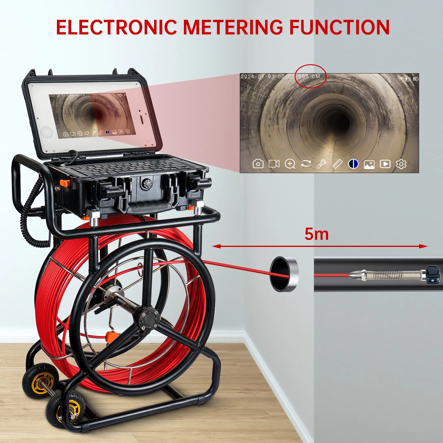 1080P HD Sewer Drain Pipe Inspection CCTV Camera Night Vision SD Card Storage 512 Meter Counter IP68 Waterproof 10.1 Screen