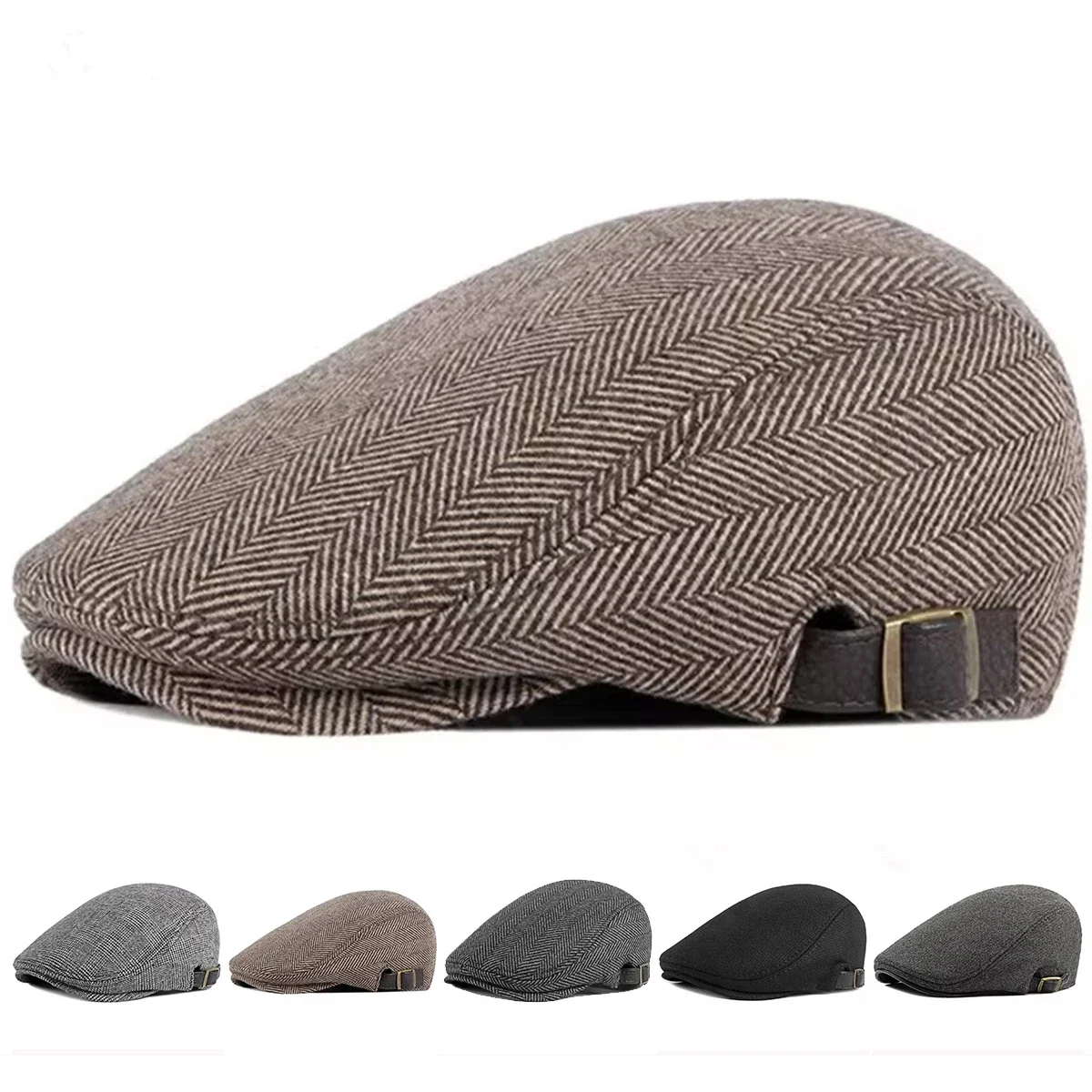Herren Retro Fischgrätmuster Newsboy Caps Britische Malerhüte Seitlich Verstellbare Flache Mütze Hip-Hop Baskenmützen