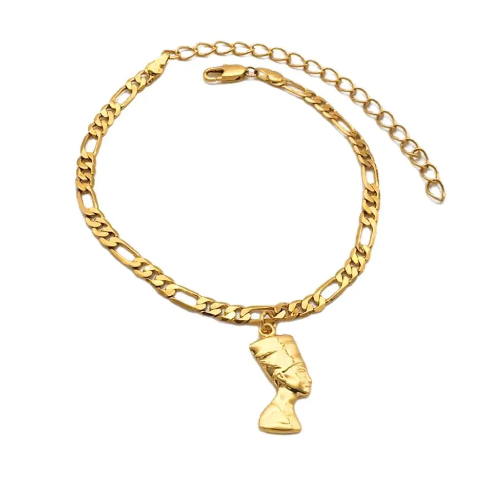 Anniyo Egyptian Queen Nefertiti Anklet for Women Gilrs Foot Chain Jewelry Gold Color Wholesale Jewellery African  @215106