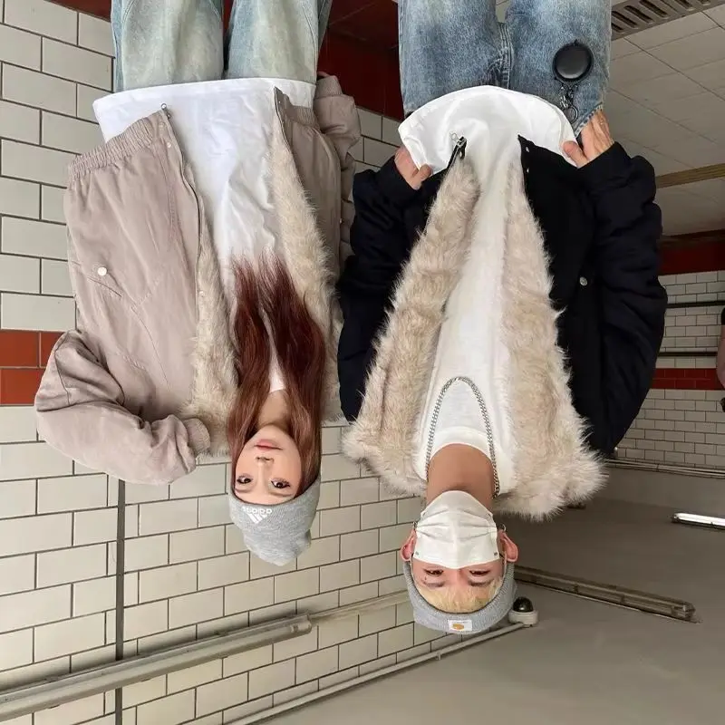 

Американская теплая куртка в стиле Харадзюку, мужская и женская простая плюшевая куртка в стиле ретро, мужская свободная кожаная куртка с меховым воротником в стиле панк, топы