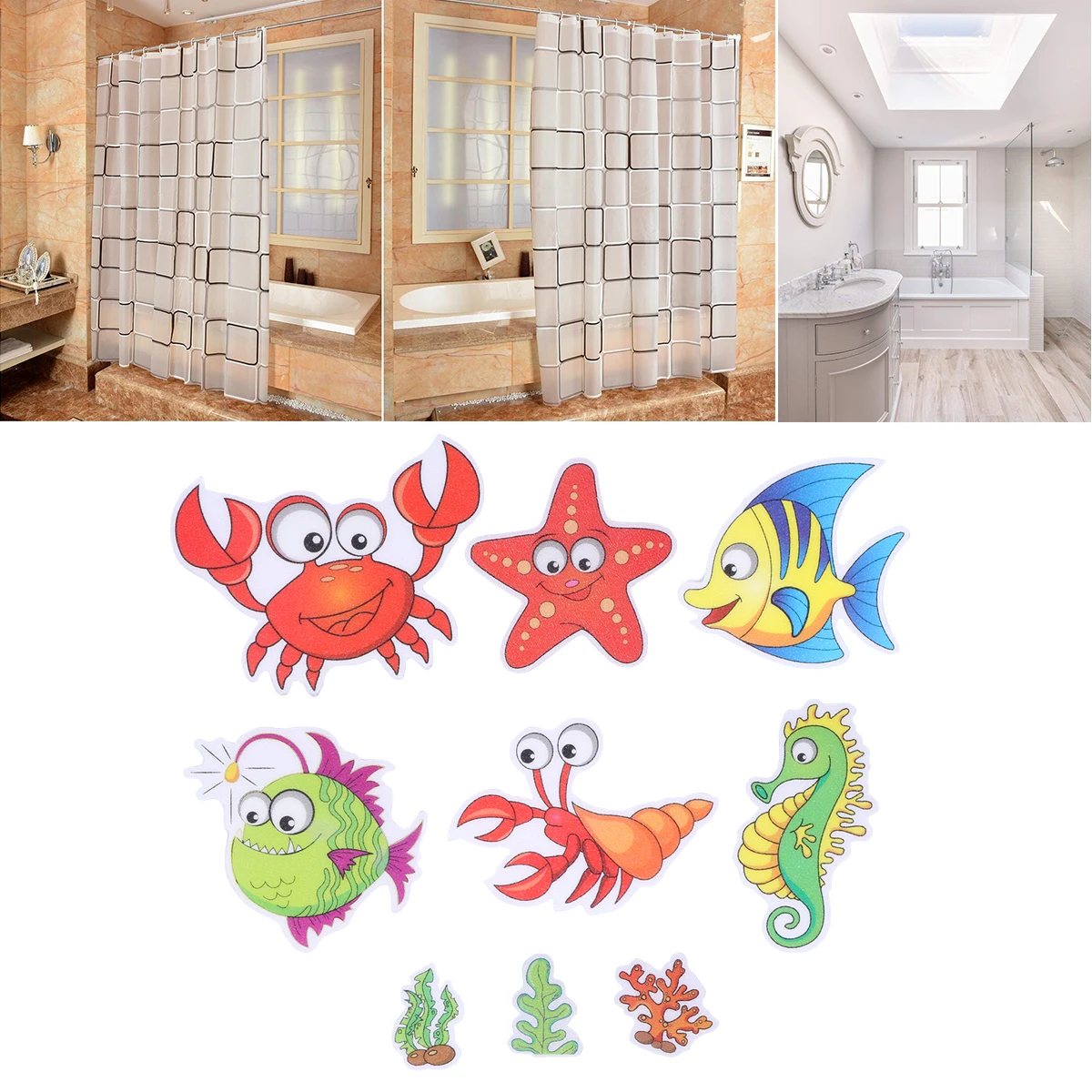 9Pcs Bathroom Anti-slip Stickers Waterproof PU Rubber Shrimp Crab Patterns Cartoon Household Room Bathtub Tape Sand Stickers A30