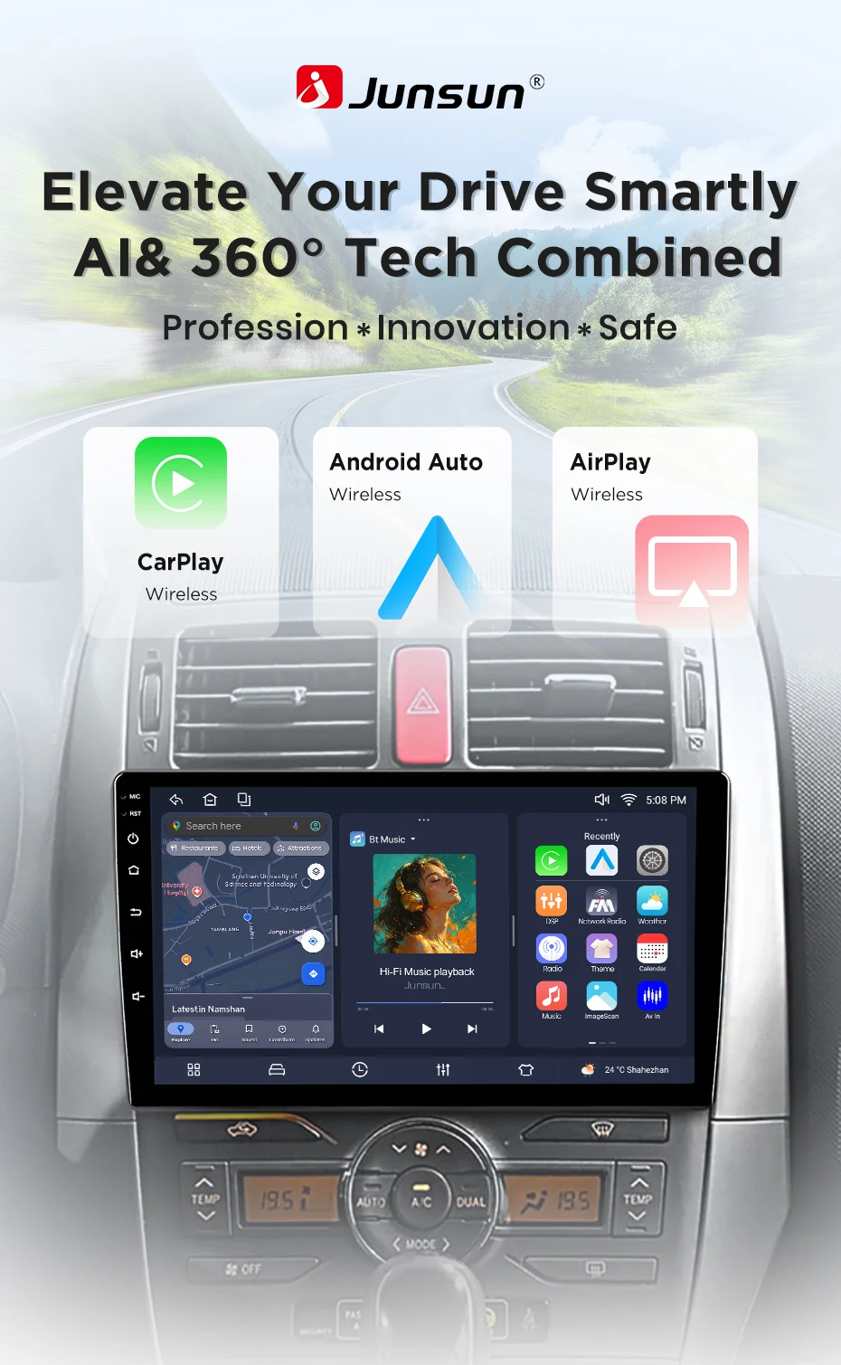 Junsun Android 15 Intelligente Autosysteme für Toyota Auris E150 2006-2012 AI Wireless CarPlay für Apple Auto – Detail 5