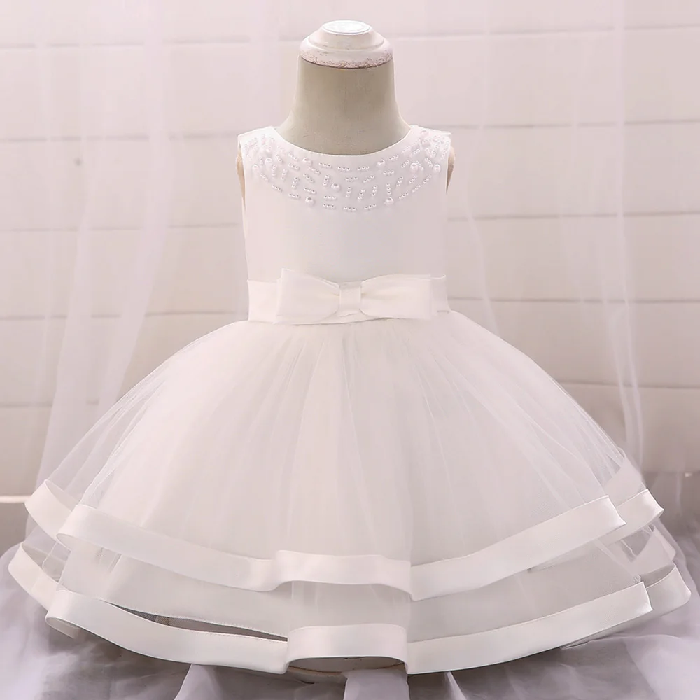 Toddler Baby Beading Christening Princess Girls Dress Tulle Wedding 1st Birthday Party Baby Girl Clothes Summer Baptism Dresses