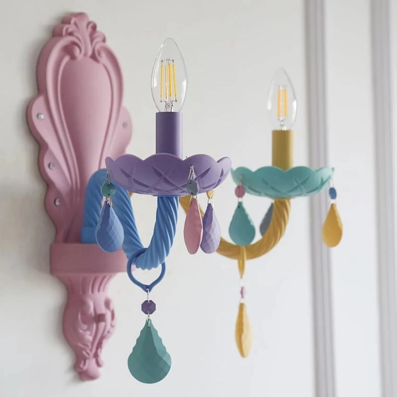 Rainbow Crystal Chandelier European Candle Lustres Children's Bedroom Princess Makaron Lamps Eye Protection