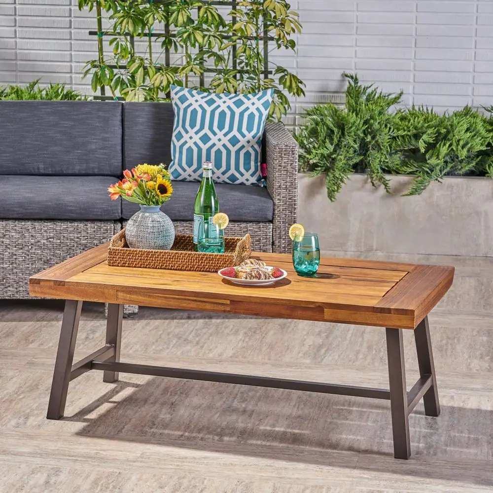 Carlisle Outdoor Acacia Wood Coffee Table, Sandblast Rustic Metal
