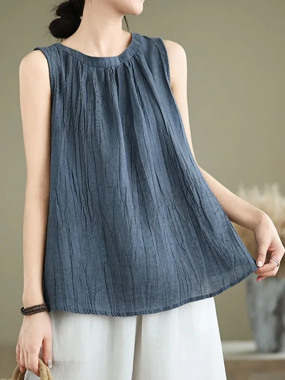 2025年新作 夏用 ルーズ コットンリネンベスト レディース ファッション プリーツ入り スリムトップ エレガントな質感 細見え効果 可愛いスタイル