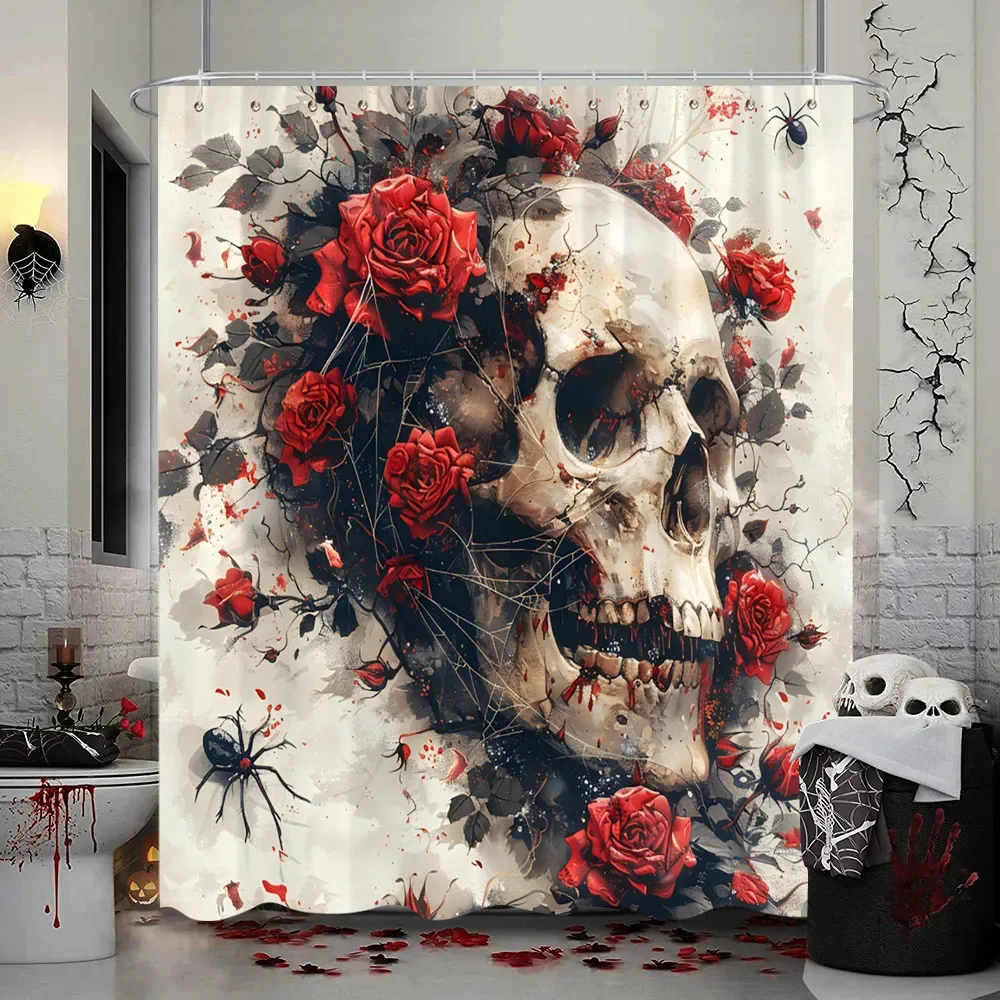 Scary Halloween Skull Flower Shower Curtain Black Raven Snake Red Rose Polyester Fabric Shower Curtain Bathroom Decor With Hooks