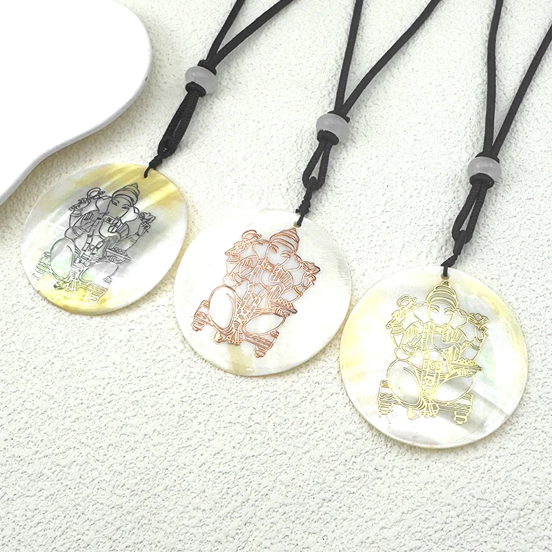 

Natural Shell Hindu Ganesha Buddha Elephant Pendant Necklace Women Men Gold Color Cotton Rope Chain Amulet Lucky Jewelry Gift