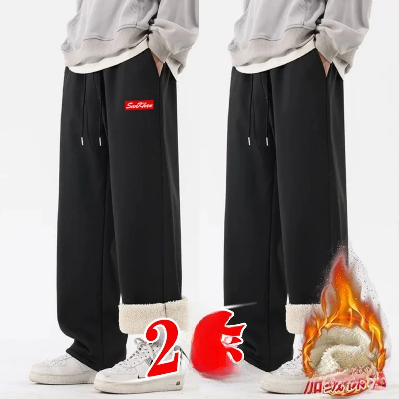 

Winter Men's Faion Print Fce Lined Straight Leg Pants Warm Slimming Casual Versatile Spor Long Trousers