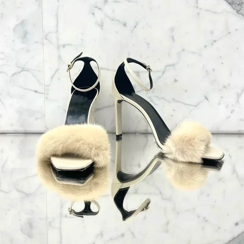 

New Mink Hair Sexy Celebrity High Heel Shoes with Straight Sandals for Women's Versatile Square Headed Slim Heels