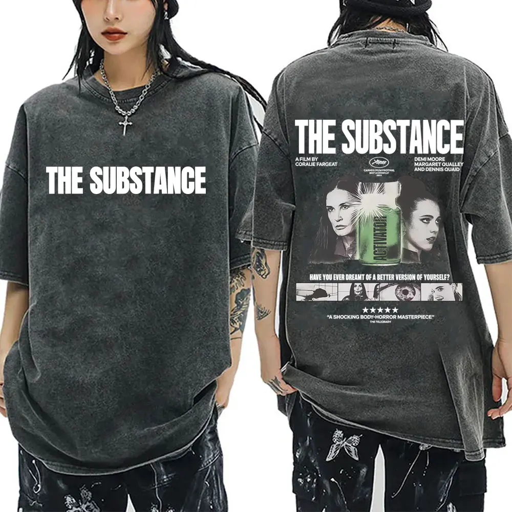 

Washed Vintage Horror Movie The Substance Graphic Print T-shirt Men Women Fashion Trend Tshirt Casual Cotton Oversized T Shirts