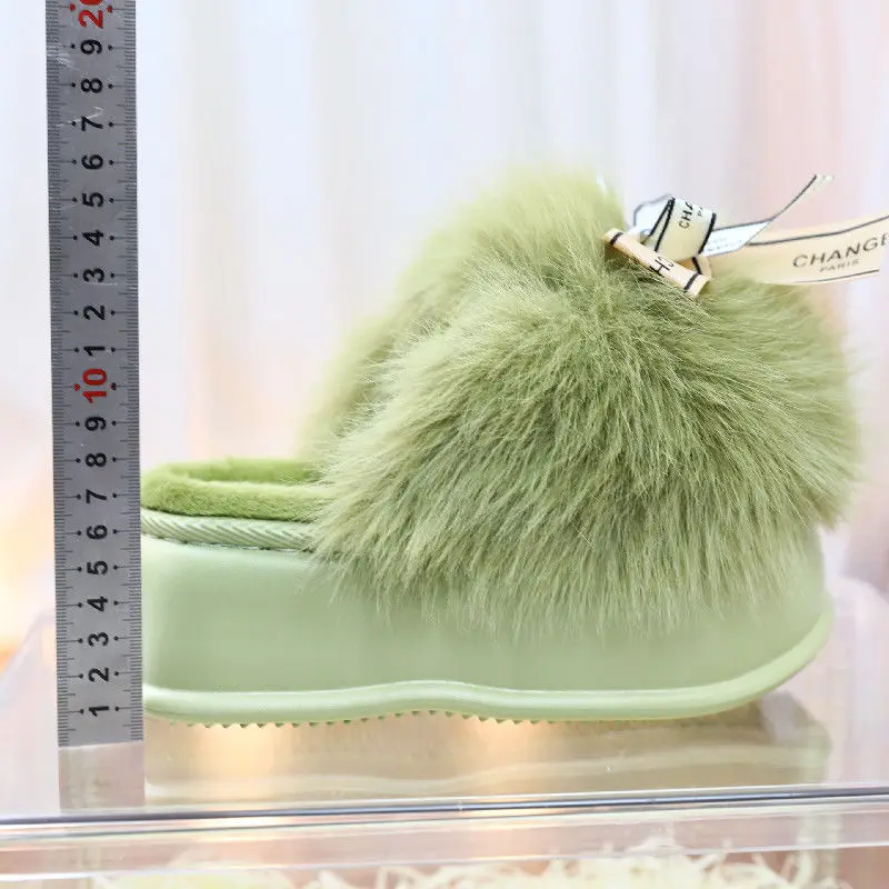 Winter warm fur slippers for women fluffy shaggy home shoes ladies outdoor lined clogs plush slippers green platform slides shoe