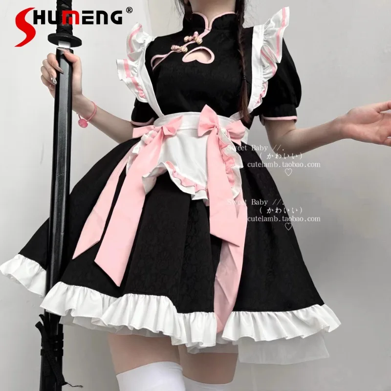 

2024 Summer New Japanese Rojita Slimming Vestidos Mujer Chinese Style Lolita Buckle Hollow Cheongsam Short Sleeves Black Dress